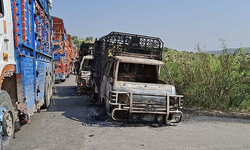 BLA terrorists burn Wheat trucks meant for Balochistan