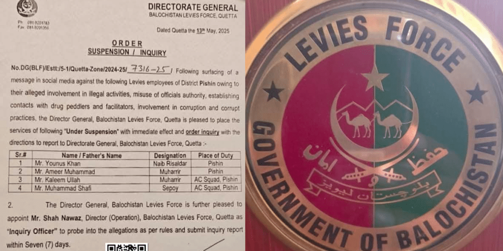 Four Levies officials suspended in Pishin for alleged drug links, corruption
