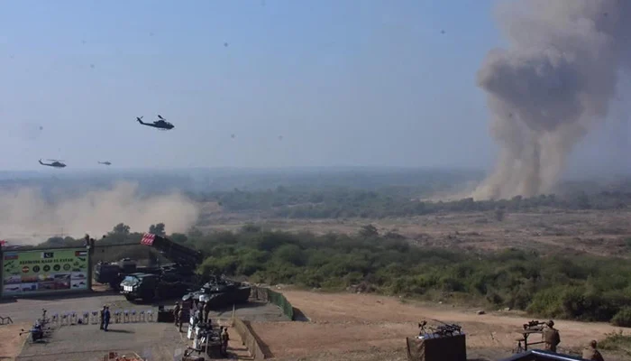 Military exercise demonstrates multi-domain operations, including conventional and air firepower, coordinated manoeuvres, and spectrum warfare capabilities. — ISPR