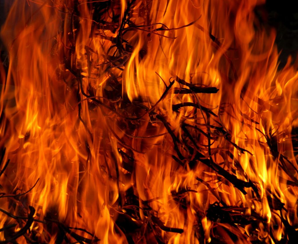 Close-up of a dynamic fire with vivid orange flames engulfing firewood, creating warmth and dramatic heat.