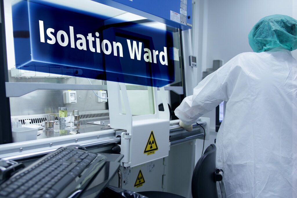 insulation station, hospital, a notice, virus, overhead projector, sign, clinic, space, room, staff, caregiver, doctor, examination, hospital, hospital, hospital, hospital, hospital, caregiver