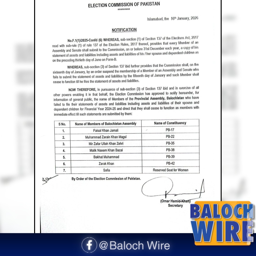 Election Commission Suspends Seven Balochistan Assembly Members Over Non-Filing of Annual Declarations