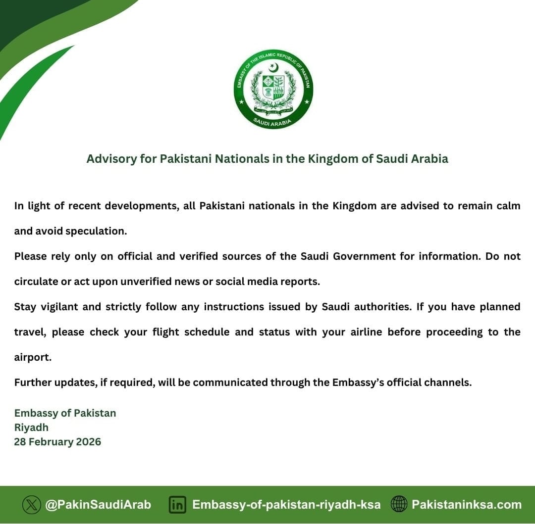 Pakistan Embassy in Riyadh issues Advisory urging nationals