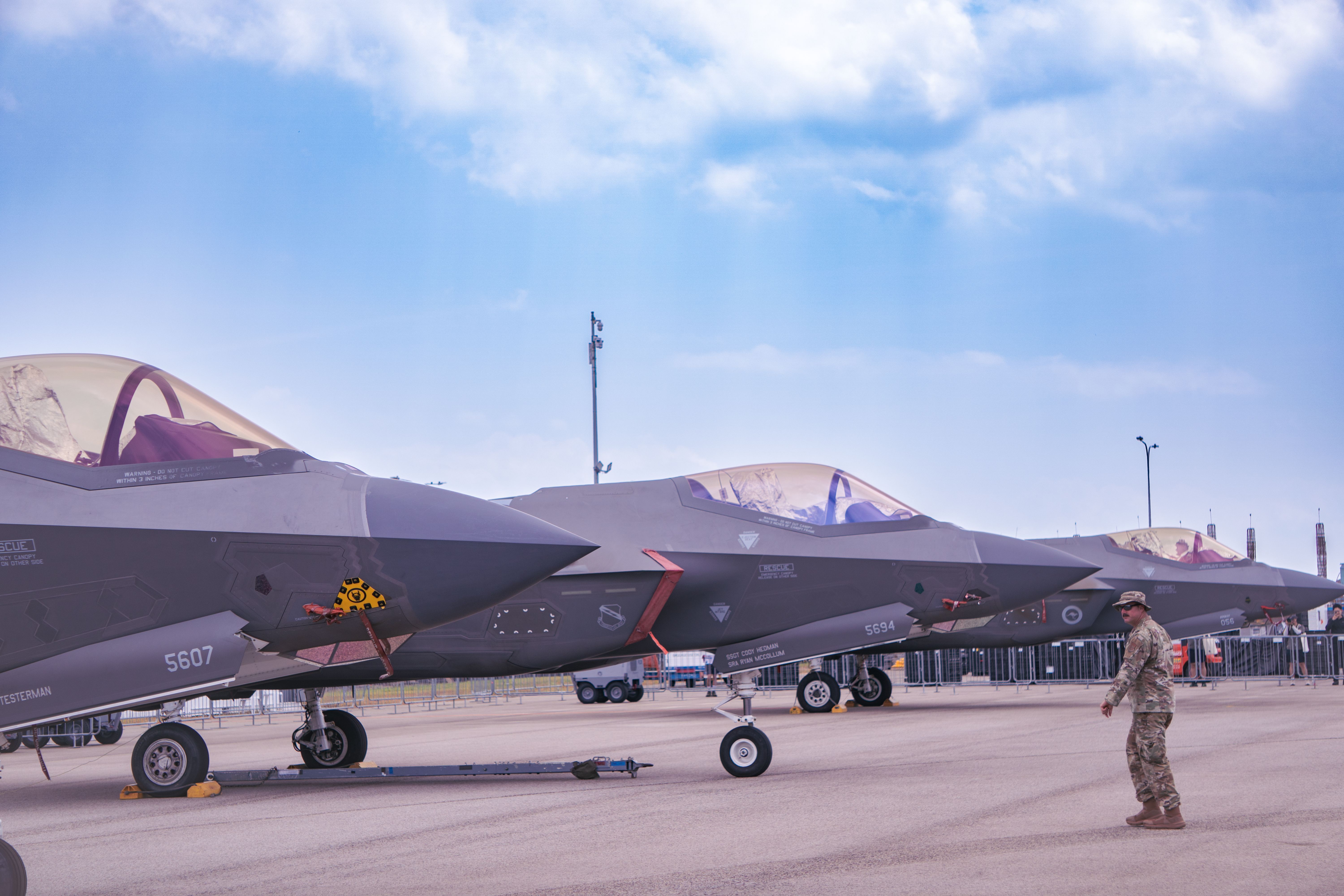 United States F-35 fighter jets showcased at an air show in Singapore.