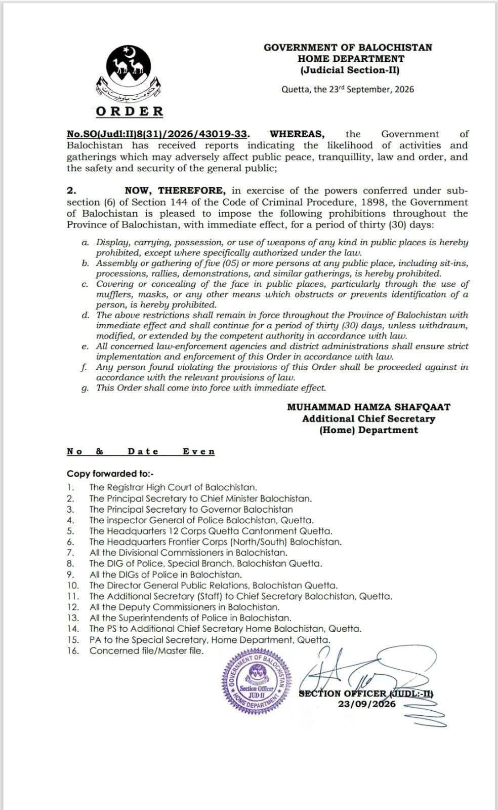 Provincial Government Imposes Section 144 Across Balochistan for 30 Days